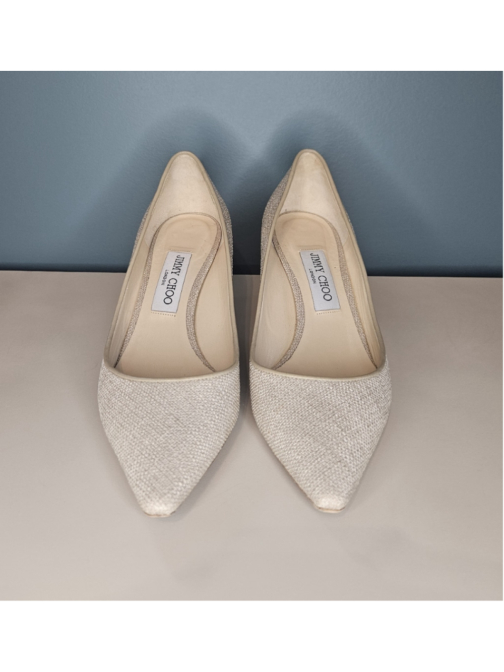 Jimmy Choo Romy 60 Champagne/Tan Woven Heels Pumps 38.5 US 7.5/8 - Picture 2 of 8
